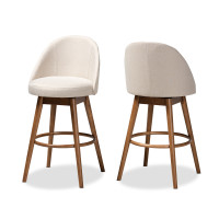 Baxton Studio BBT5355B-Light Beige/Walnut-BS Carra Mid-Century Modern Light Beige Fabric Upholstered Walnut-Finished Wood Swivel Bar Stool Set of 2